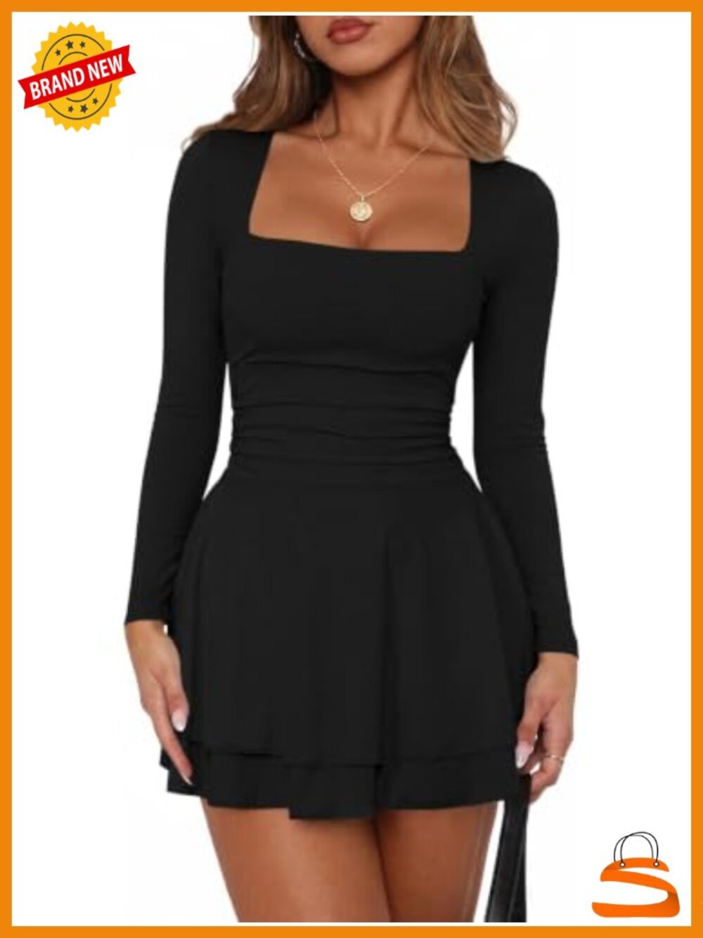 OKIFOIR Women's A Line Corset Long Sleeve Mini Dress Square Neck Ruched Party